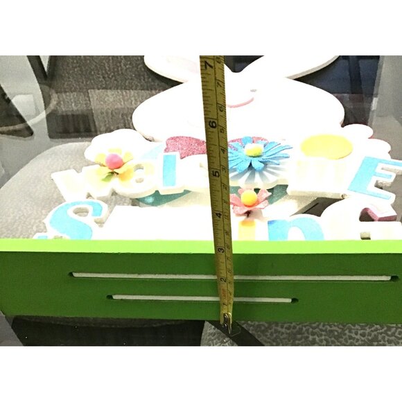 HANDCRAFTED WELCOME SPRING RABBIT /EASTER DEORATING WOODEN SHELF SITTER FIGURINE - Picture 6 of 6